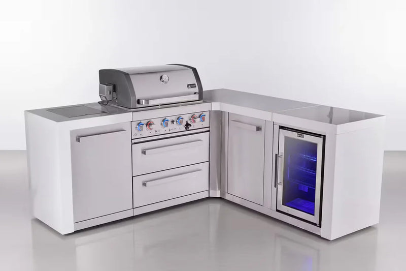 Load image into Gallery viewer, Mont Alpi 4-burner L-shaped deluxe series outdoor kitchen island with fridge and extra storage cabinet module