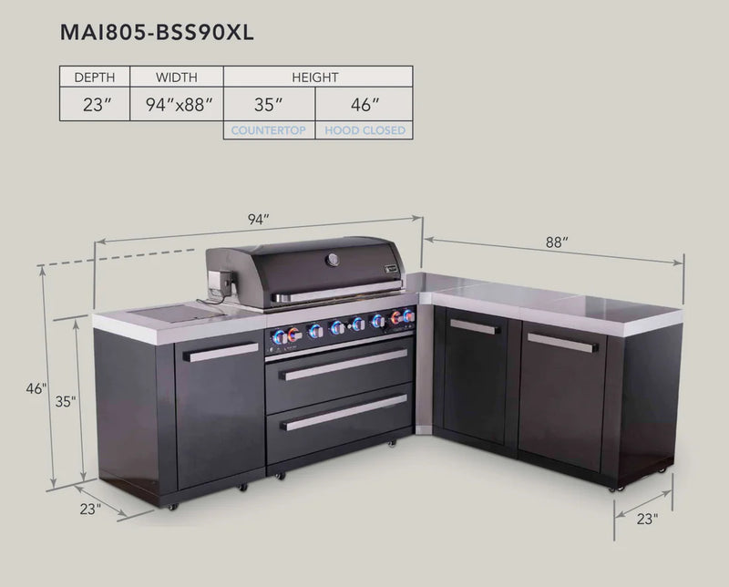 Load image into Gallery viewer, Mont Alpi 6-burner L-shaped black series outdoor kitchen island with extra storage cabinet module