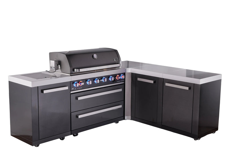 Load image into Gallery viewer, Mont Alpi 6-burner L-shaped black series outdoor kitchen island with extra storage cabinet module