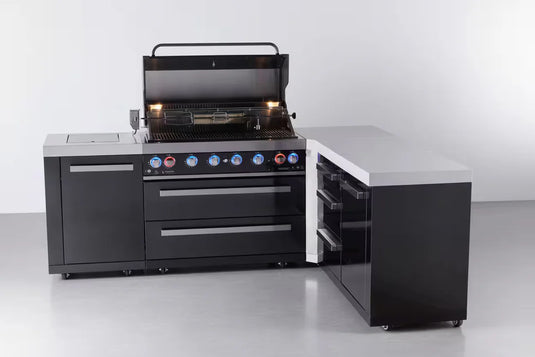 Mont Alpi 6-burner L-shaped black series outdoor kitchen island with extra drawer slides cabinet module