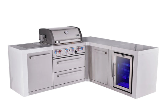 Mont Alpi 4-burner L-shaped deluxe series outdoor kitchen island with fridge and extra storage cabinet module