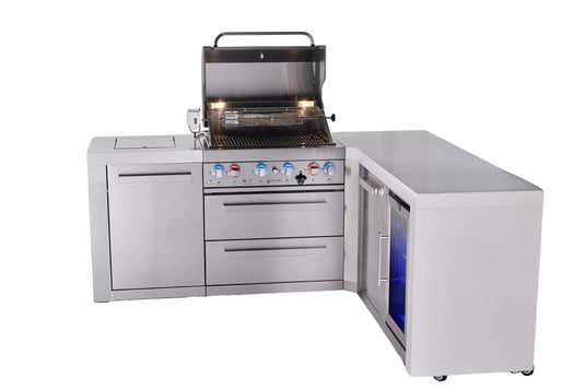 Mont Alpi 4-burner L-shaped deluxe series outdoor kitchen island with fridge and extra storage cabinet module