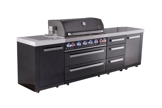 Mont Alpi 6-burner black series outdoor kitchen island with extra drawer slides cabinet module