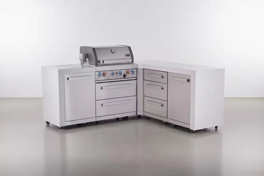 Mont Alpi 4-burner L-shaped deluxe series outdoor kitchen island with extra drawer slides cabinet module