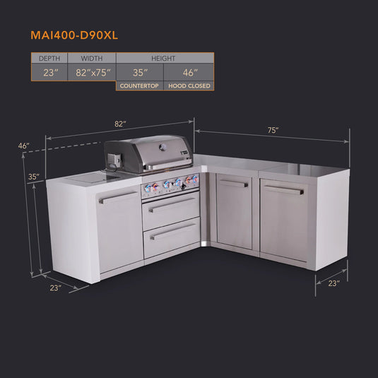 Mont Alpi 4-burner L-shaped deluxe series outdoor kitchen island with extra storage cabinet module