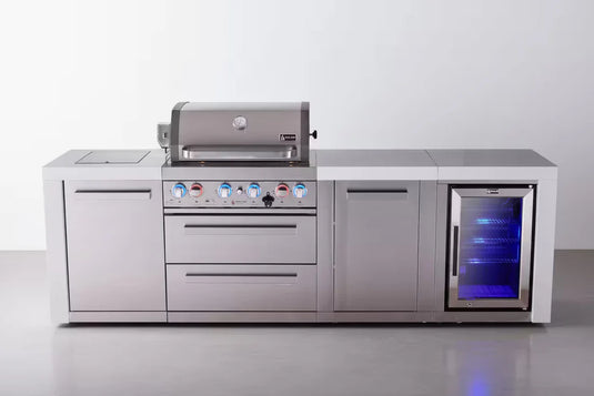 Mont Alpi 4-burner deluxe series outdoor kitchen island with fridge and extra storage cabinet module