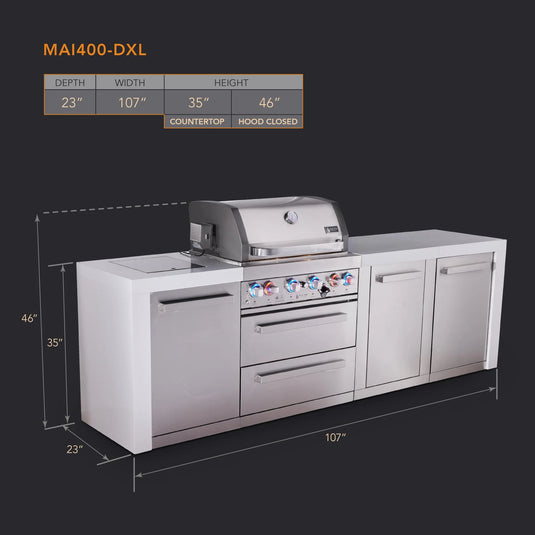 Mont Alpi 4-burner deluxe series outdoor kitchen island with extra storage cabinet module