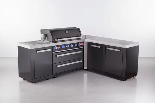 Mont Alpi 6-burner L-shaped black series outdoor kitchen island with extra storage cabinet module