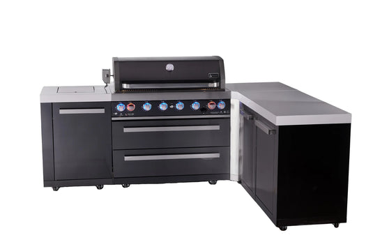 Mont Alpi 6-burner L-shaped black series outdoor kitchen island with extra storage cabinet module