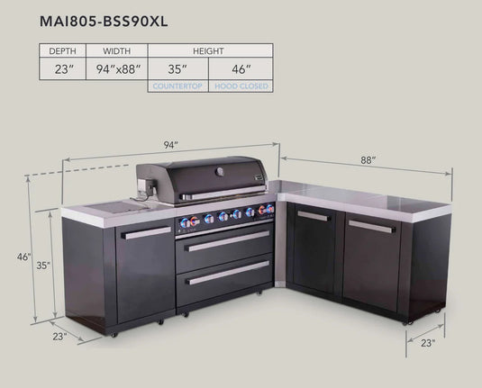 Mont Alpi 6-burner L-shaped black series outdoor kitchen island with extra storage cabinet module
