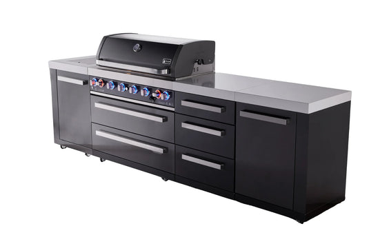 Mont Alpi 6-burner black series outdoor kitchen island with extra drawer slides cabinet module