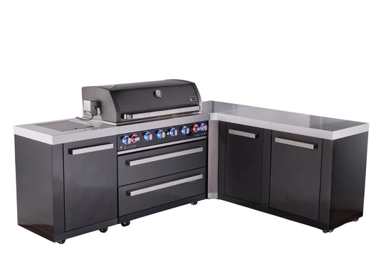 Mont Alpi 6-burner L-shaped black series outdoor kitchen island with extra storage cabinet module