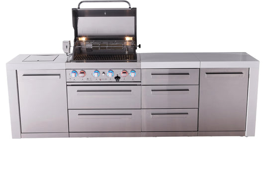 Mont Alpi 4-burner deluxe series outdoor kitchen island with extra drawer slides cabinet module