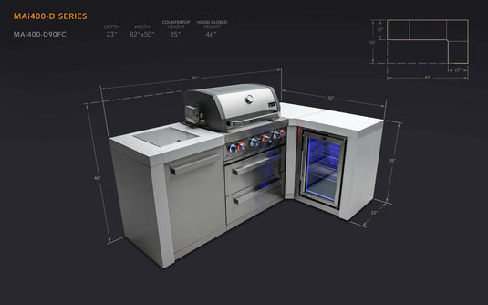 Mont Alpi 400 Deluxe Island with a 90 Degree Corner and a Fridge Cabinet
