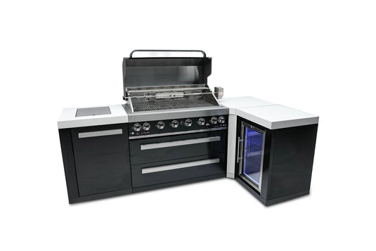 Mont Alpi 805 Black Stainless Steel Island with a 90 Degree Corner and a Fridge Cabinet