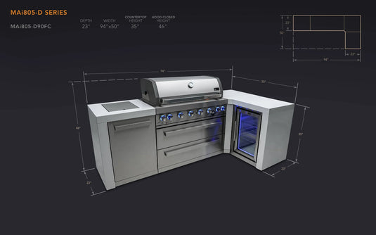 Mont Alpi 805 Deluxe Island with a 90 Degree Corner and a Fridge Cabinet