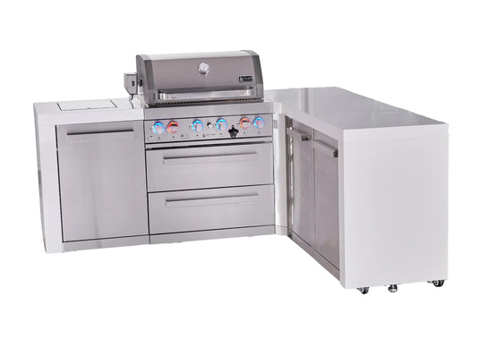Mont Alpi 4-burner L-shaped deluxe series outdoor kitchen island with extra storage cabinet module